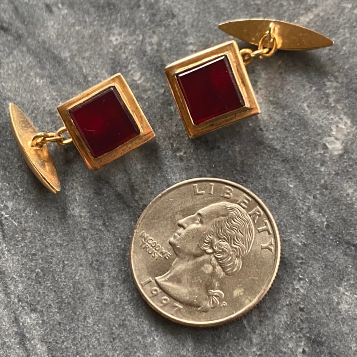 vintage cuff links with red stone gold tone
