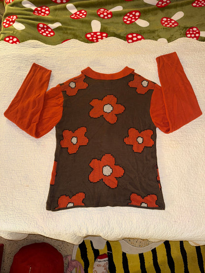 Super Massive - Orange and Brown Collared Flower Button Up Cardigan Sweater