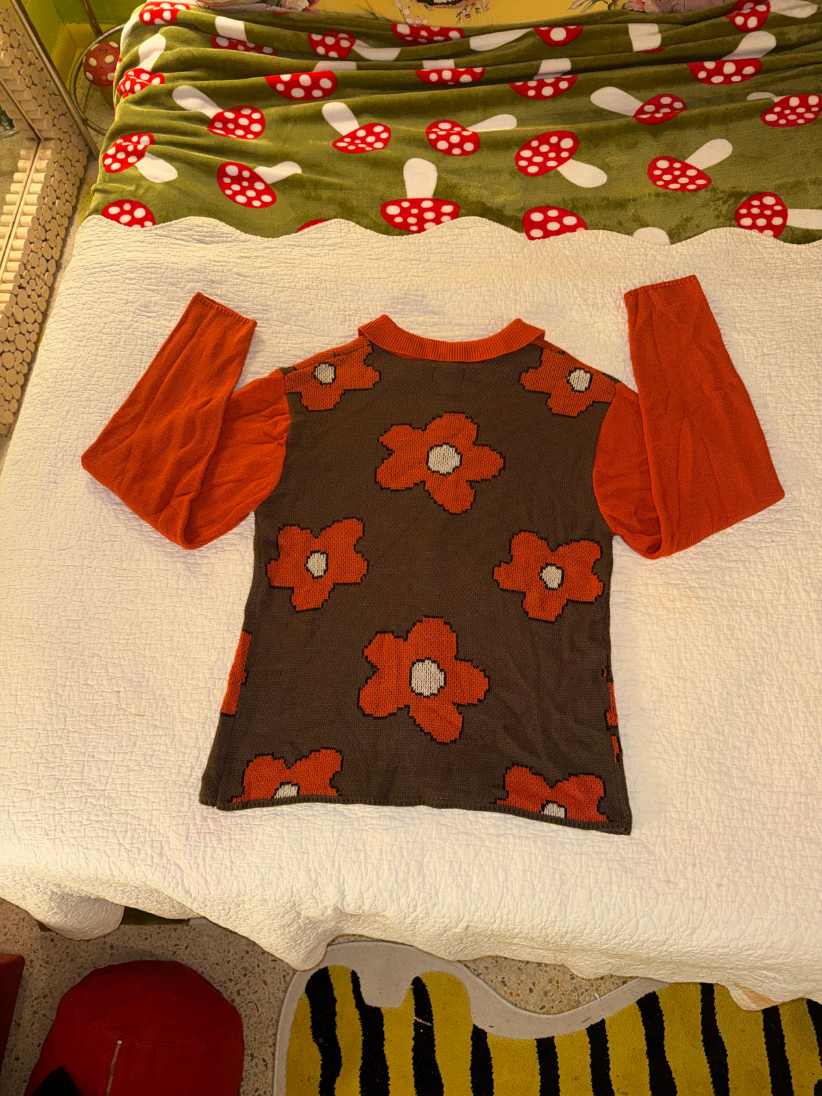 Super Massive - Orange and Brown Collared Flower Button Up Cardigan Sweater