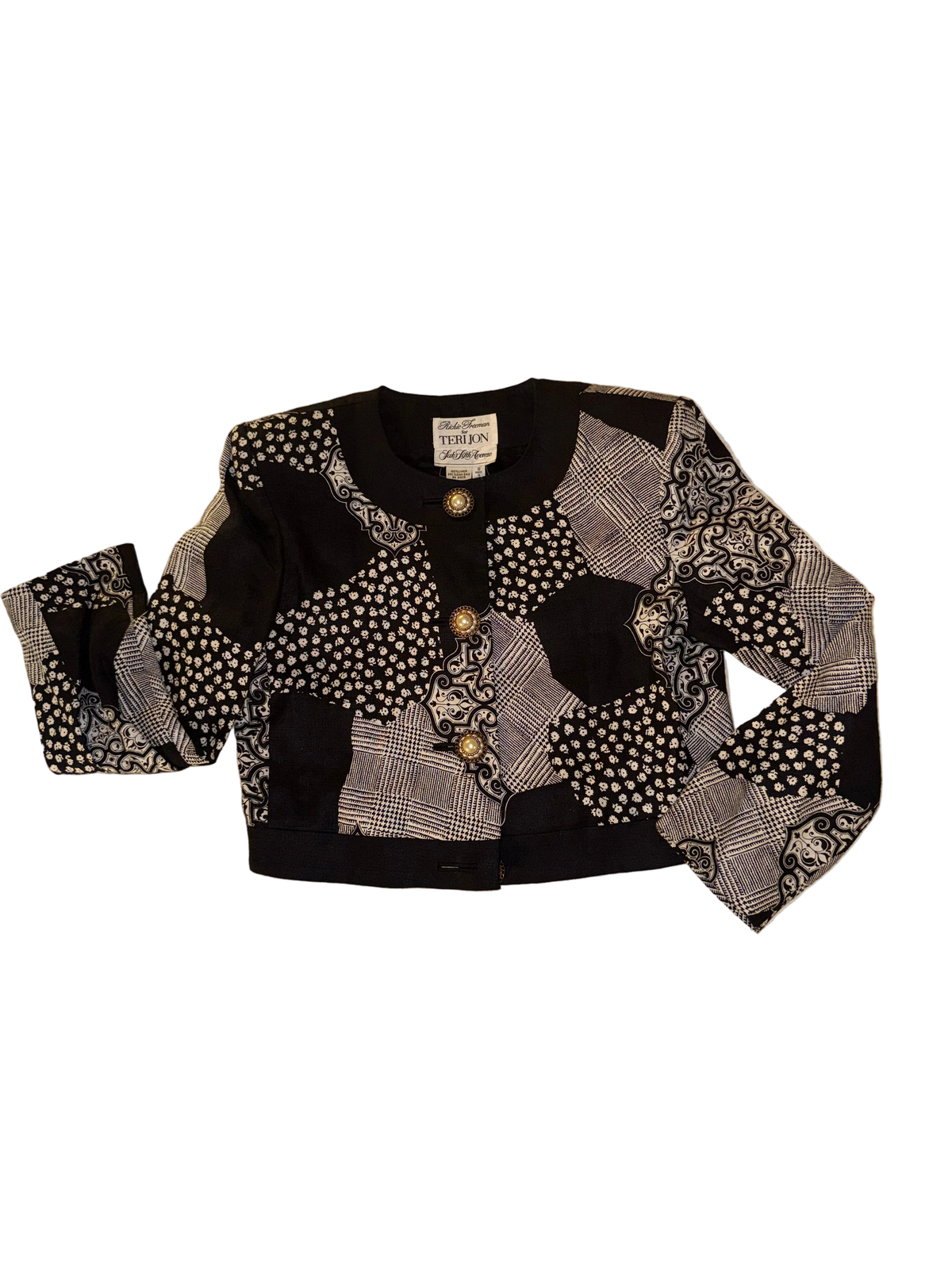 Rickie Freeman for Teri Jon - Black and White Patchwork Evening Jacket - 100% Linen - Saks Fifth Avenue