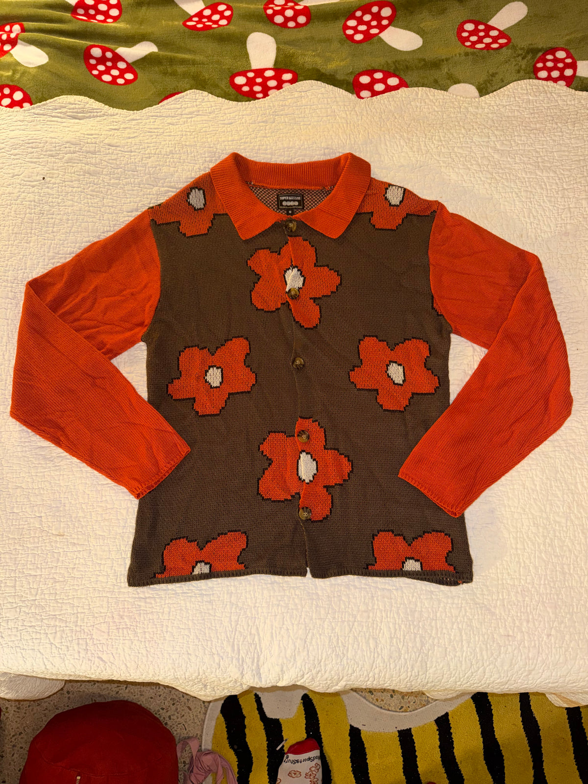 Super Massive - Orange and Brown Collared Flower Button Up Cardigan Sweater