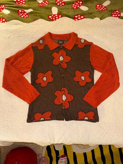 Super Massive - Orange and Brown Collared Flower Button Up Cardigan Sweater