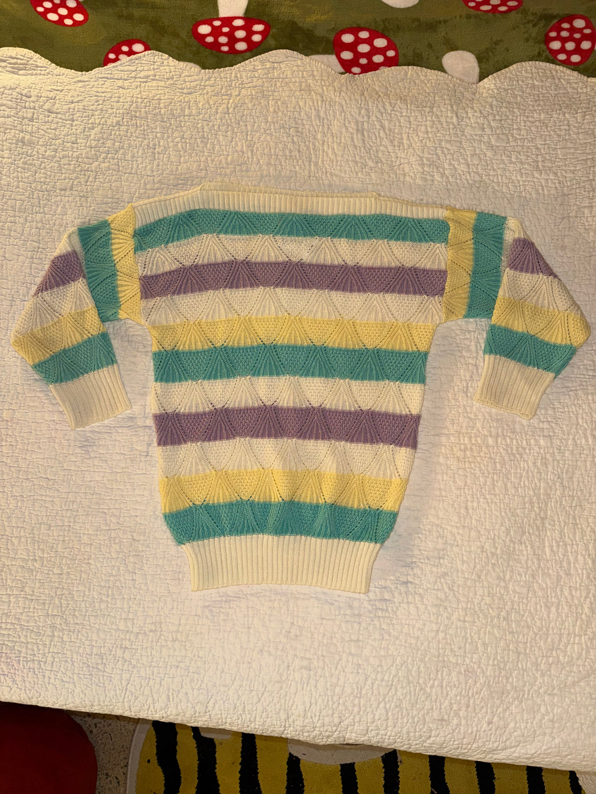 Vintage Grandma Sweater with Purple Teal and Yellow Stripes
