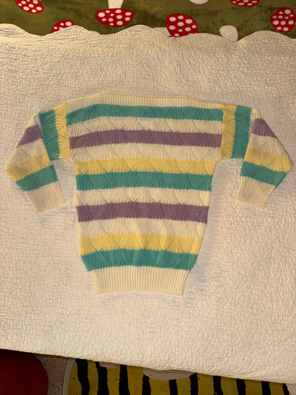 Vintage Grandma Sweater with Purple Teal and Yellow Stripes