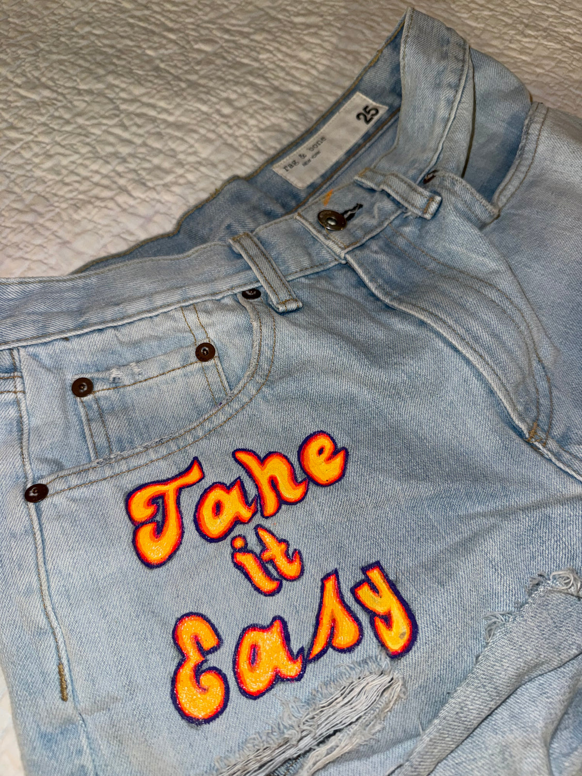 Rag & Bone New York - Denim Custom Painted “Take it Easy” Hippie Jean Shorts with Radiant Sun on Back