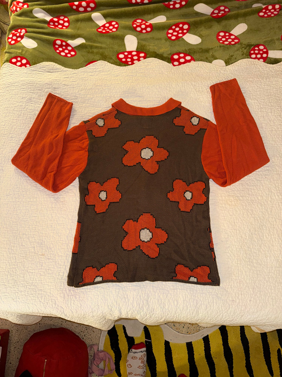 Super Massive - Orange and Brown Collared Flower Button Up Cardigan Sweater