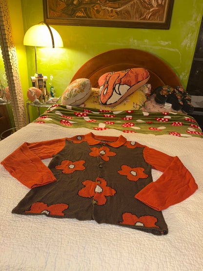 Super Massive - Orange and Brown Collared Flower Button Up Cardigan Sweater