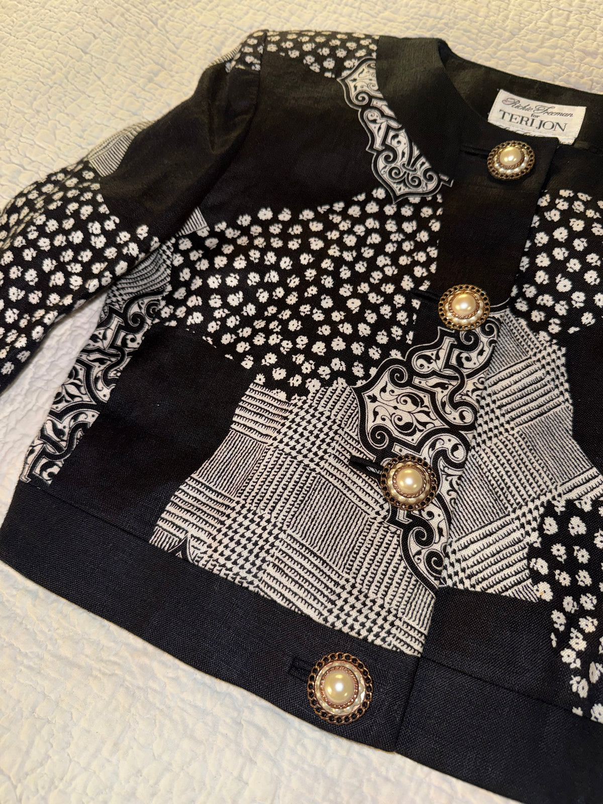 Rickie Freeman for Teri Jon - Black and White Patchwork Evening Jacket - 100% Linen - Saks Fifth Avenue