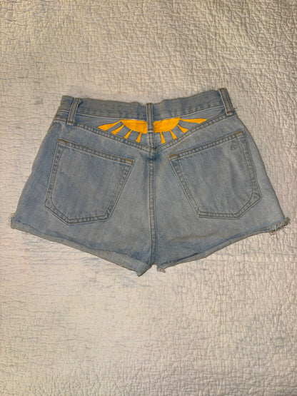 Rag & Bone New York - Denim Custom Painted “Take it Easy” Hippie Jean Shorts with Radiant Sun on Back