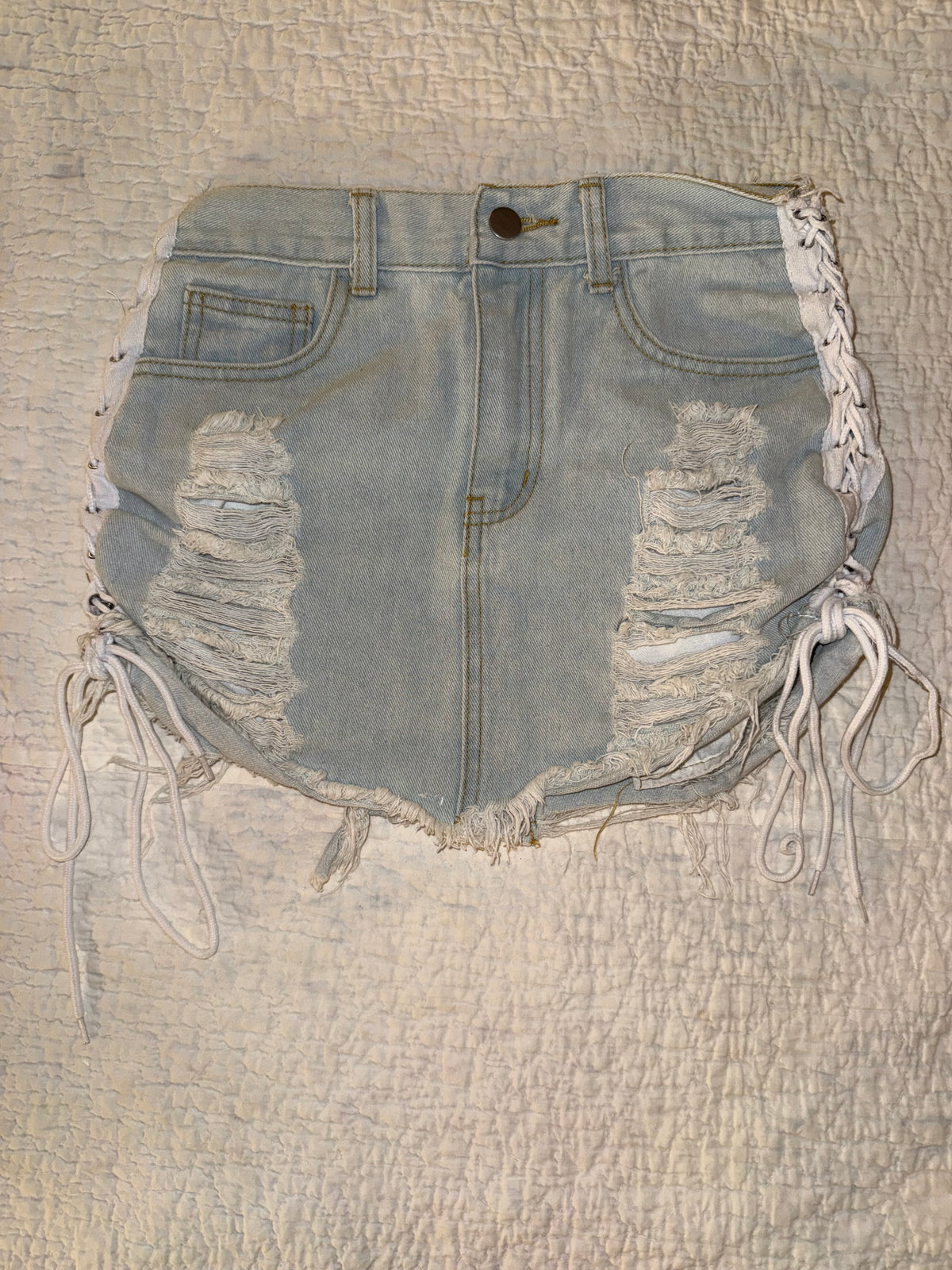 36Point5 - Distressed Bleach Wash Denim Skirt with Side Bow Ties