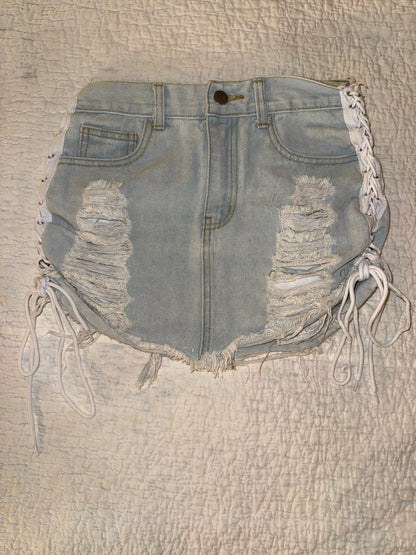 36Point5 - Distressed Bleach Wash Denim Skirt with Side Bow Ties
