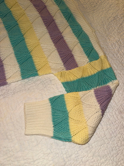 Vintage Grandma Sweater with Purple Teal and Yellow Stripes