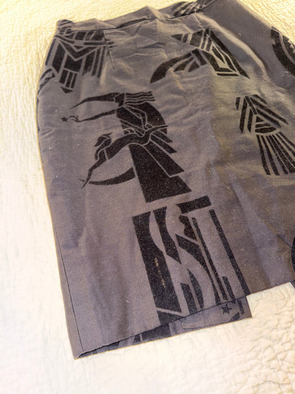Velvet Art Deco Style Skirt with Geometric Moon Huntress Pattern
