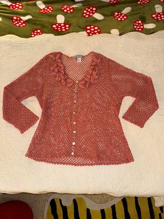 Modern Soul - Coral Ribbon and Crochet Cardigan Sweater
