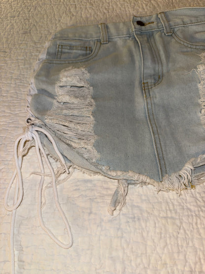 36Point5 - Distressed Bleach Wash Denim Skirt with Side Bow Ties