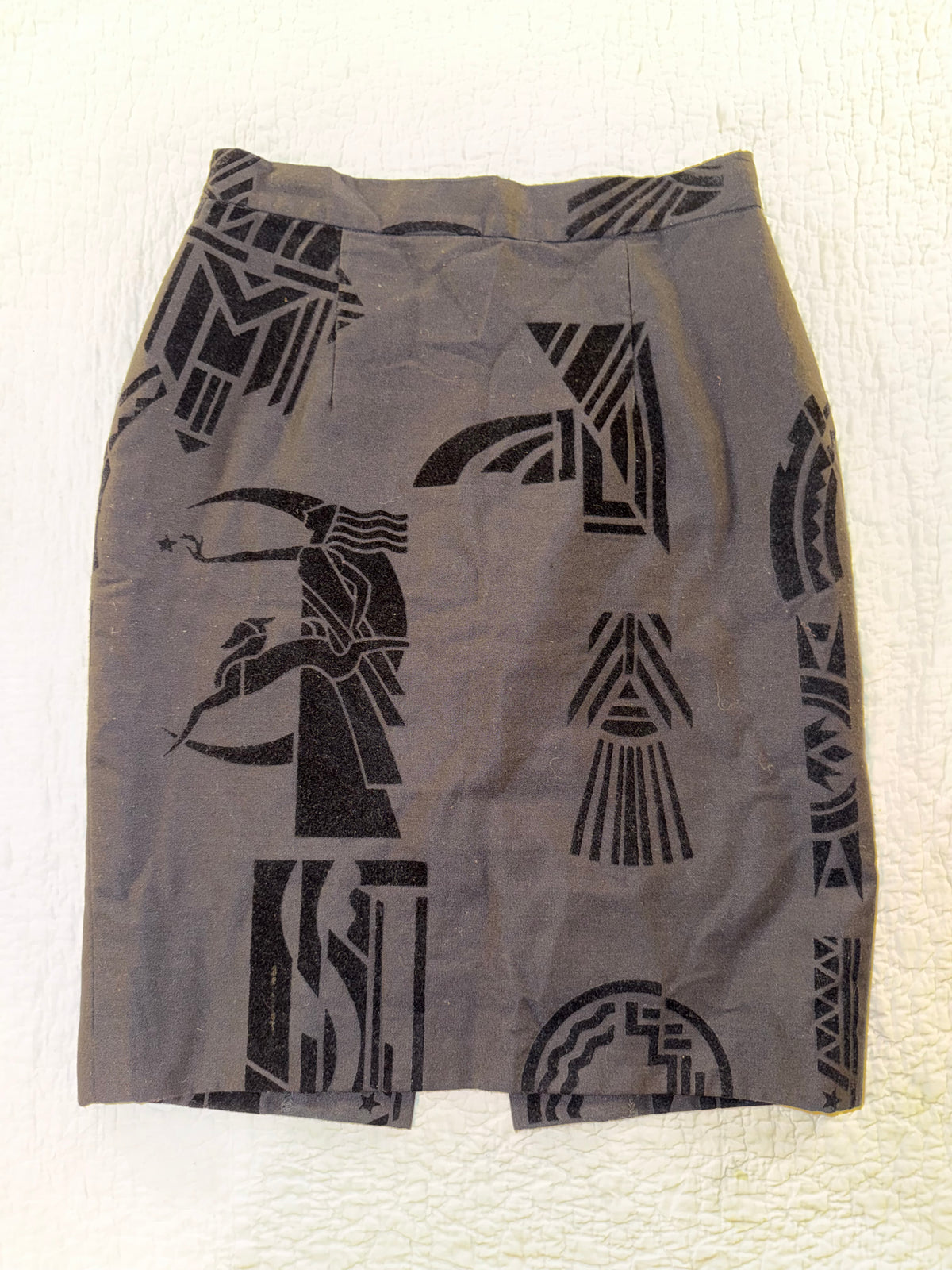 Velvet Art Deco Style Skirt with Geometric Moon Huntress Pattern