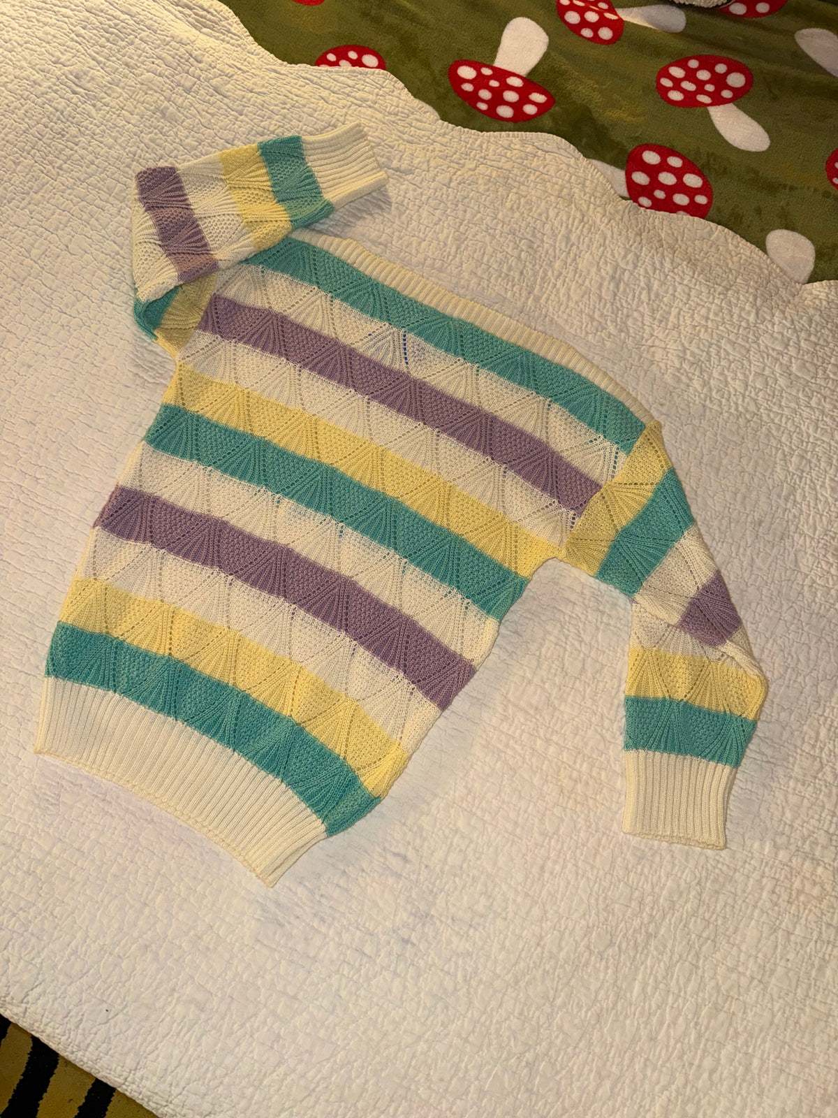 Vintage Grandma Sweater with Purple Teal and Yellow Stripes