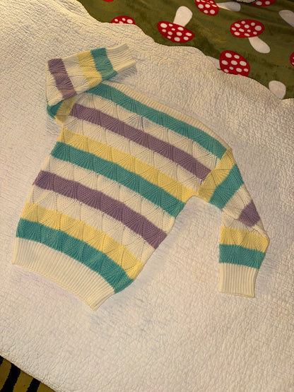 Vintage Grandma Sweater with Purple Teal and Yellow Stripes