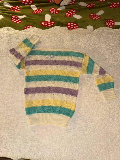 Vintage Grandma Sweater with Purple Teal and Yellow Stripes