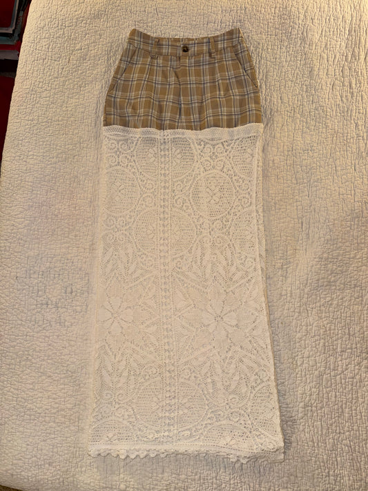 Gitana Vintage Boutique - Plaid Skirt with Long White Lace Train