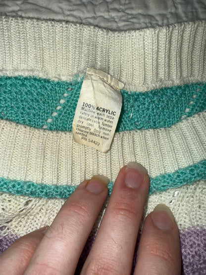 Vintage Grandma Sweater with Purple Teal and Yellow Stripes