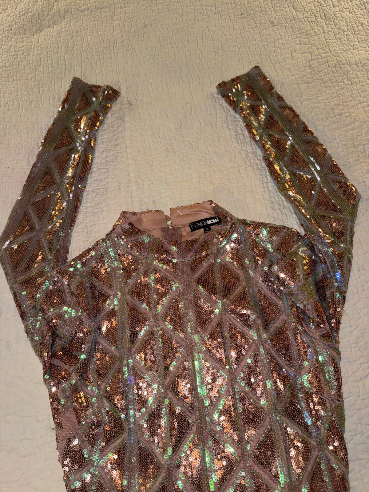 Fashion Nova - Geometric Bronze Color Sequin Club Bodycon Dress