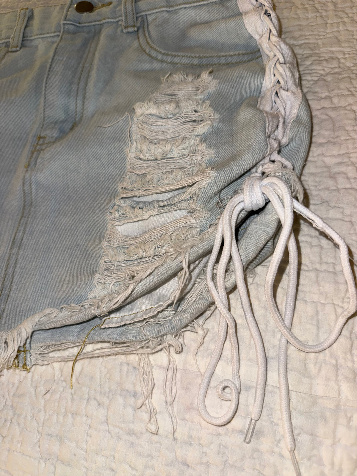 36Point5 - Distressed Bleach Wash Denim Skirt with Side Bow Ties