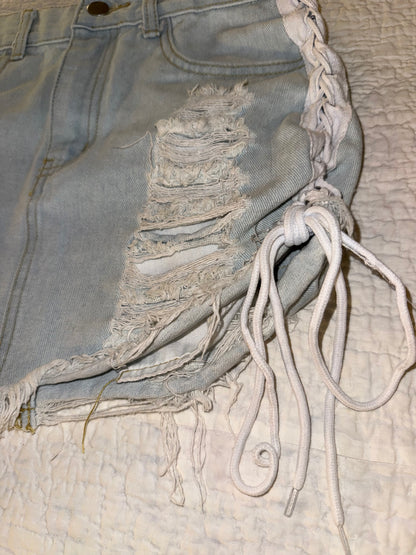 36Point5 - Distressed Bleach Wash Denim Skirt with Side Bow Ties