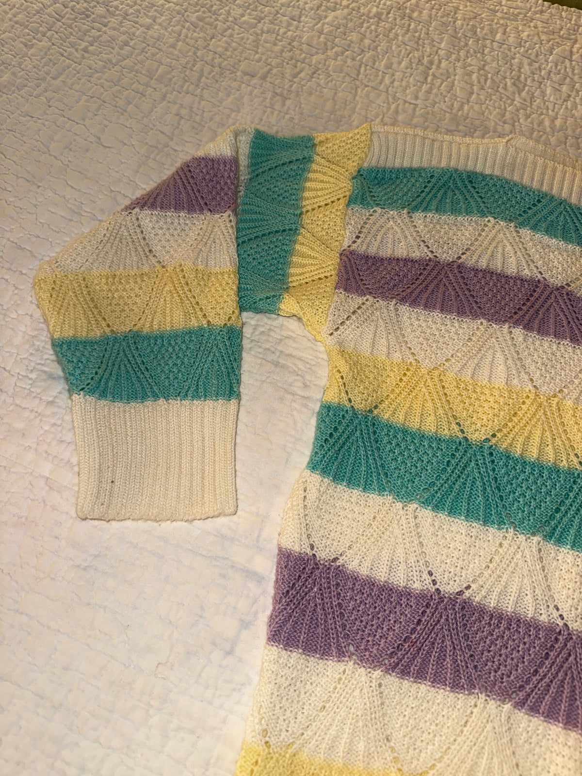 Vintage Grandma Sweater with Purple Teal and Yellow Stripes
