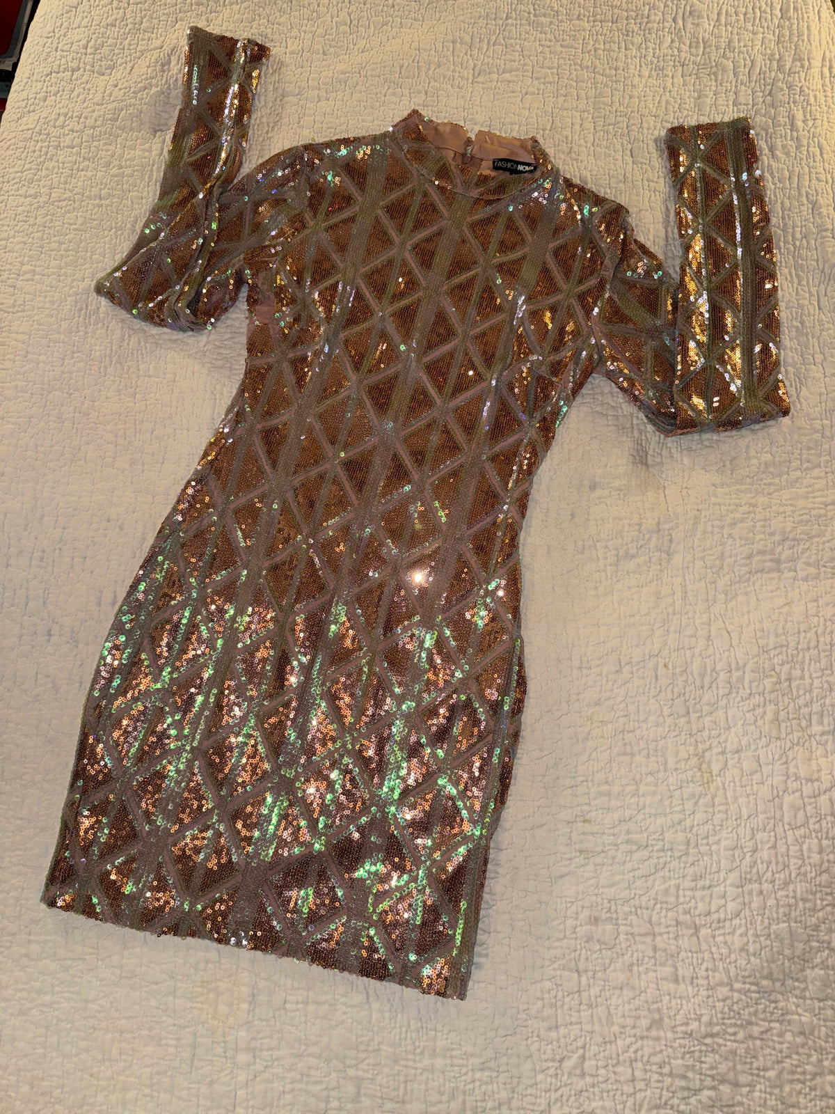 Fashion Nova - Geometric Bronze Color Sequin Club Bodycon Dress