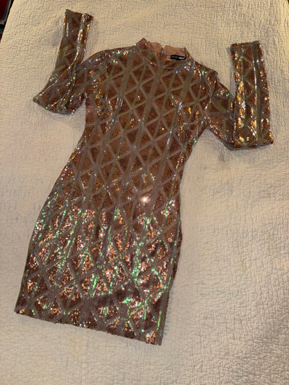 Fashion Nova - Geometric Bronze Color Sequin Club Bodycon Dress