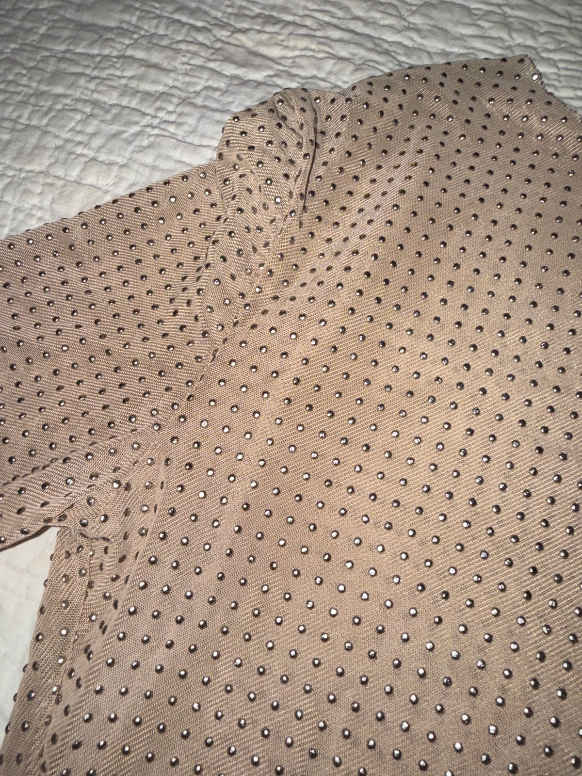 Rhinestone Studded Sheer Beige Mesh Top