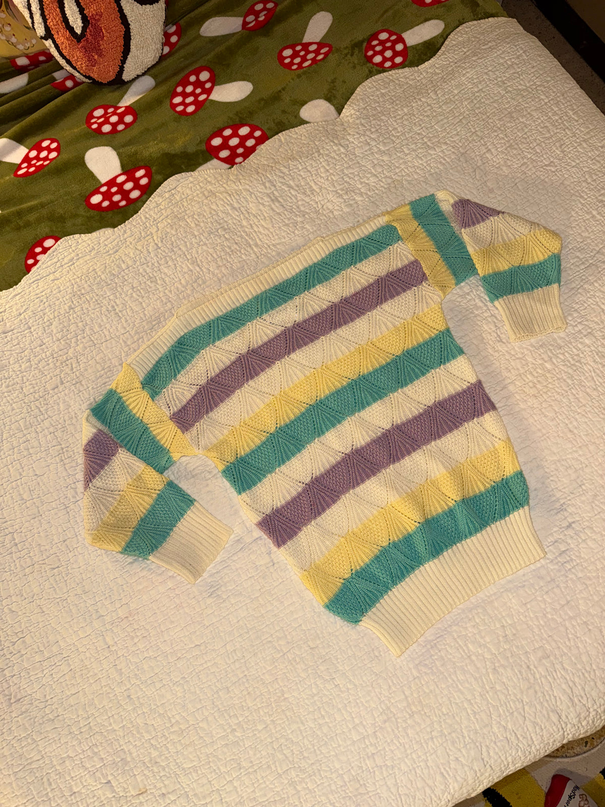 Vintage Grandma Sweater with Purple Teal and Yellow Stripes