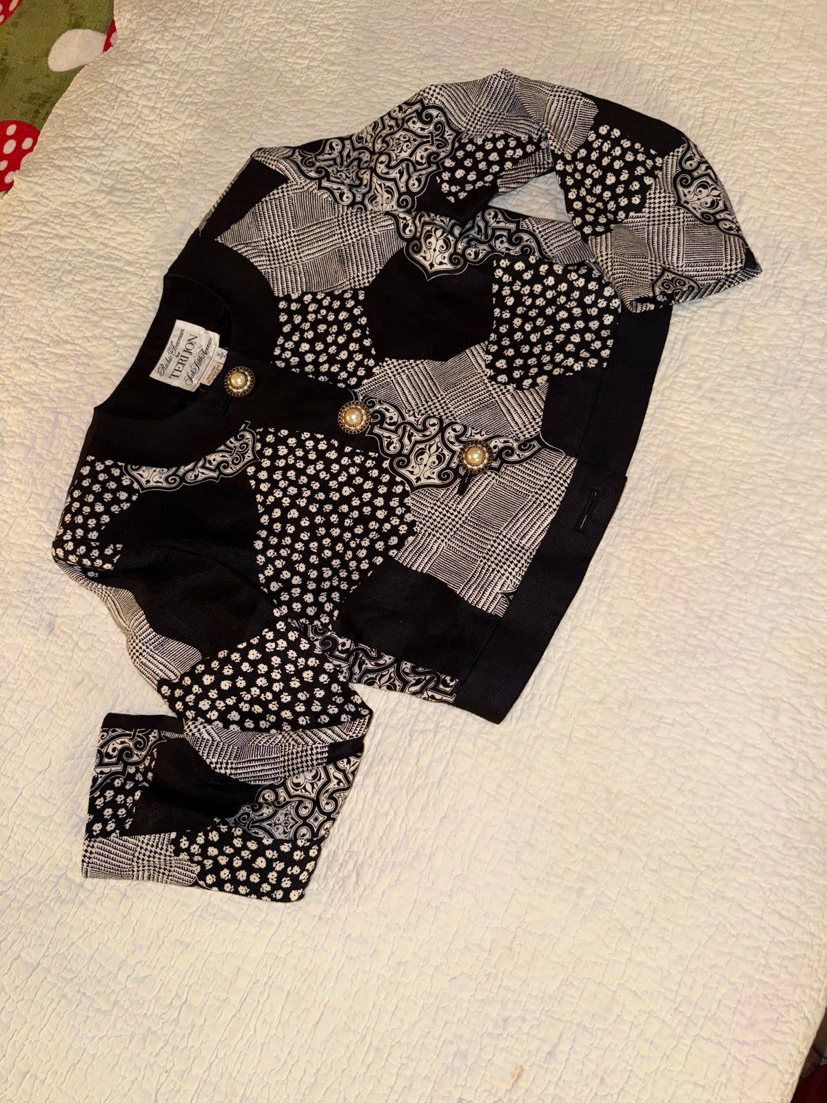 Rickie Freeman for Teri Jon - Black and White Patchwork Evening Jacket - 100% Linen - Saks Fifth Avenue