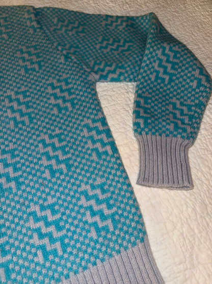 The Northwestern Knitting Company - Vintage Teal and Grey Patterned Fair Isle Sweater - 70% Wool