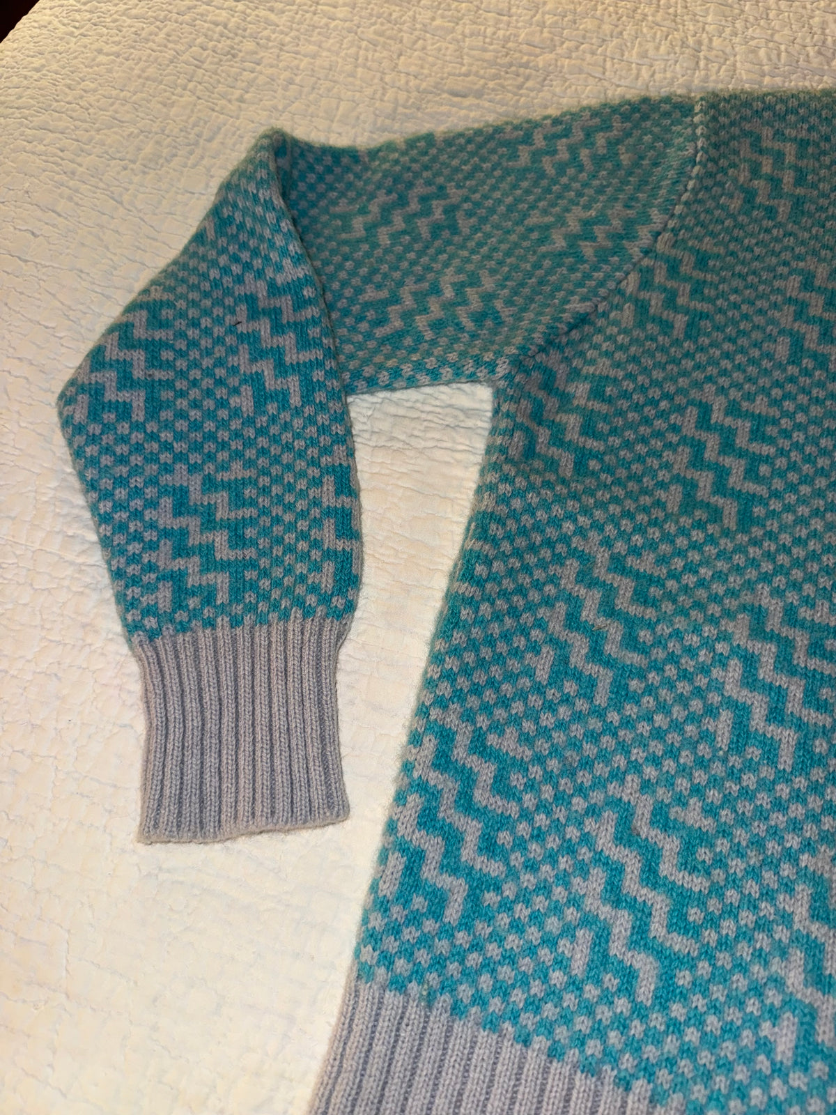 The Northwestern Knitting Company - Vintage Teal and Grey Patterned Fair Isle Sweater - 70% Wool