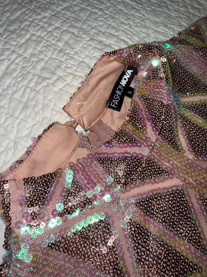 Fashion Nova - Geometric Bronze Color Sequin Club Bodycon Dress