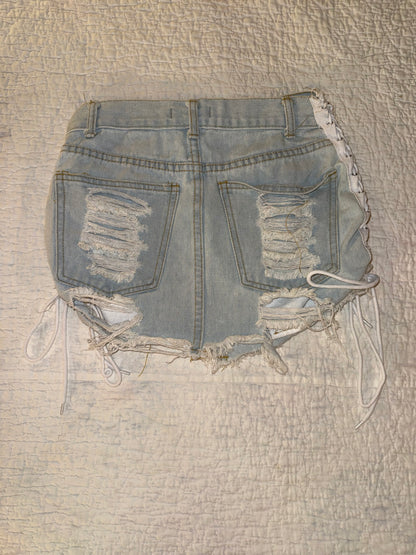 36Point5 - Distressed Bleach Wash Denim Skirt with Side Bow Ties