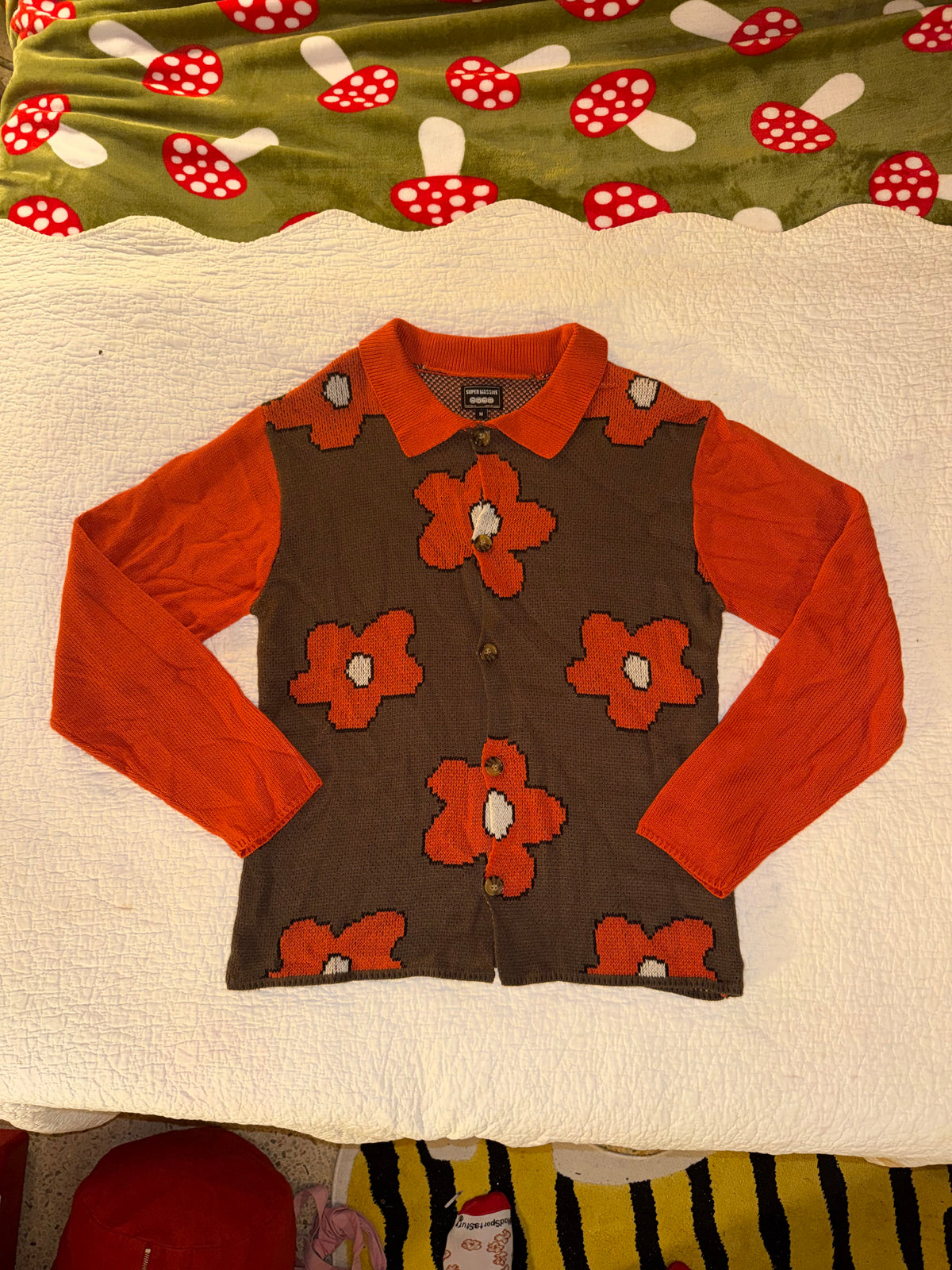 Super Massive - Orange and Brown Collared Flower Button Up Cardigan Sweater
