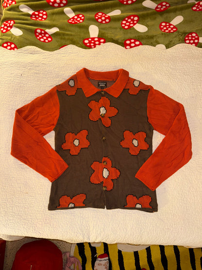 Super Massive - Orange and Brown Collared Flower Button Up Cardigan Sweater