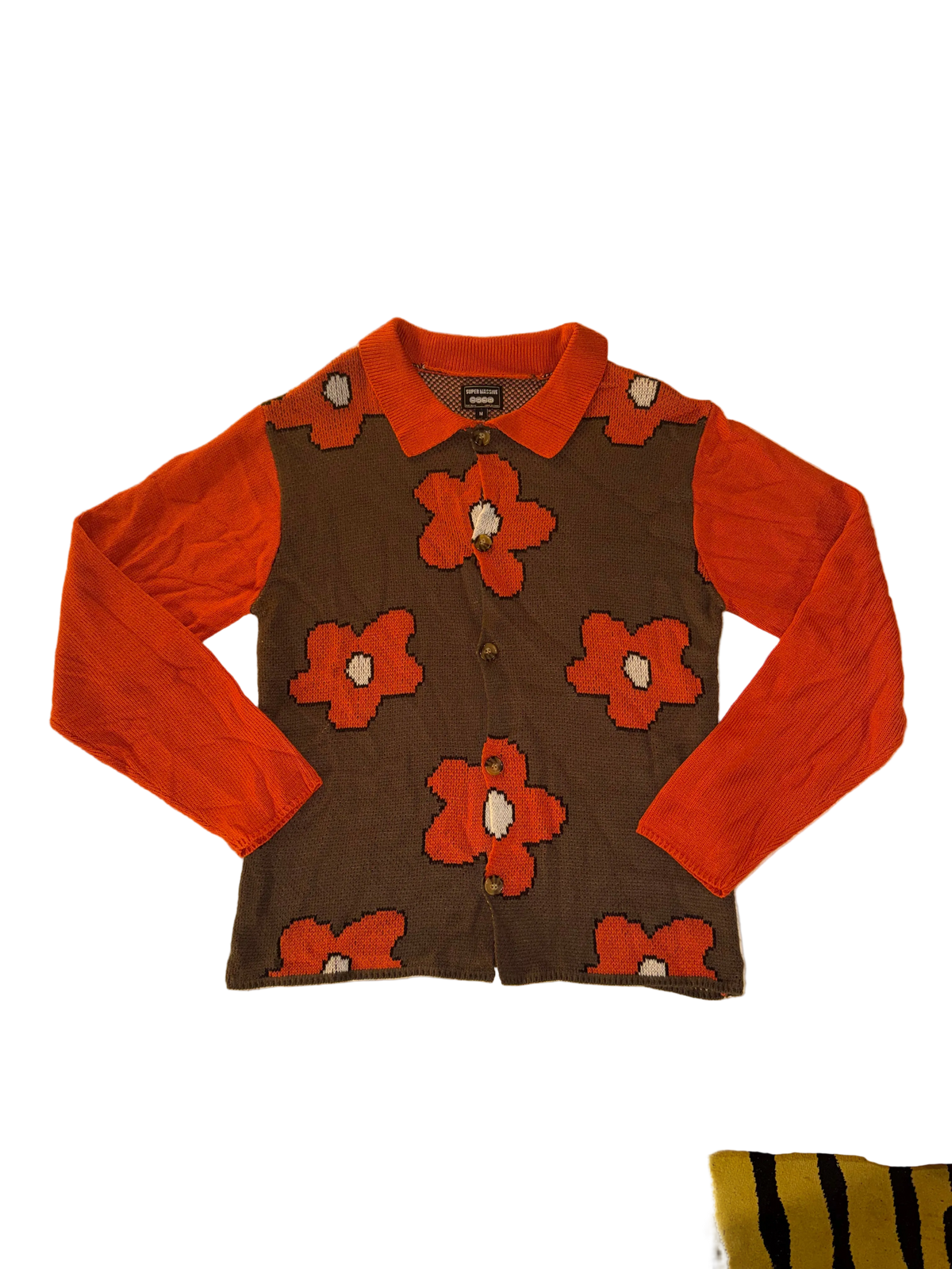 Super Massive - Orange and Brown Collared Flower Button Up Cardigan Sweater