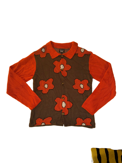 Super Massive - Orange and Brown Collared Flower Button Up Cardigan Sweater