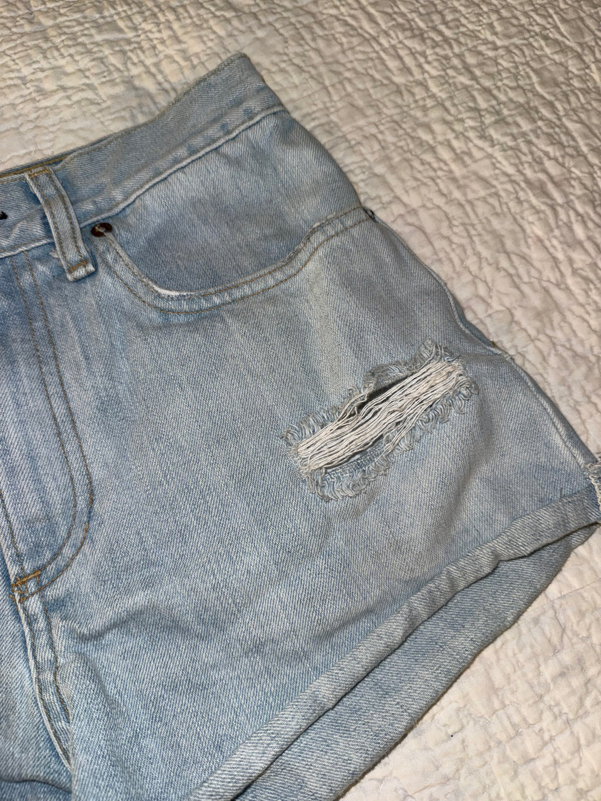 Rag & Bone New York - Denim Custom Painted “Take it Easy” Hippie Jean Shorts with Radiant Sun on Back