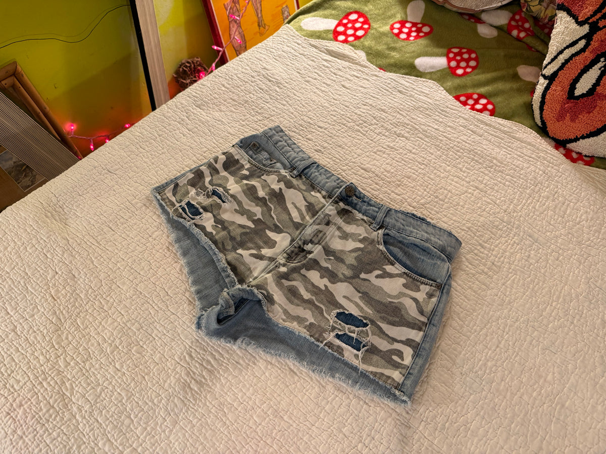 BDG - Dree High Rise Cheeky Denim Camo Jean Shorts - Urban Outfitters