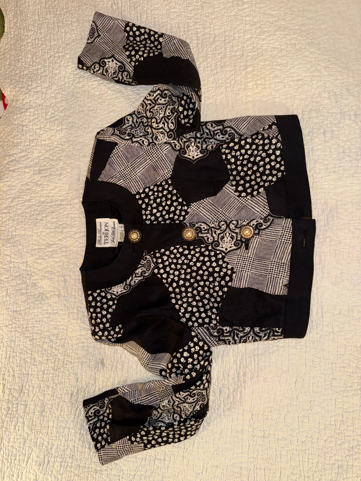 Rickie Freeman for Teri Jon - Black and White Patchwork Evening Jacket - 100% Linen - Saks Fifth Avenue