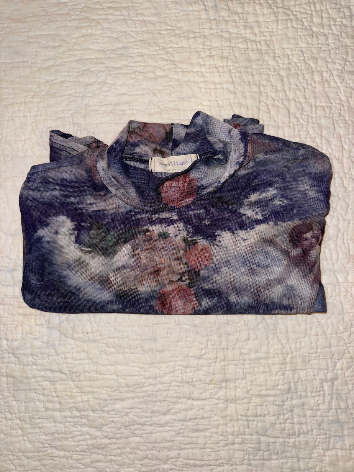 Sweet Lilac - Sheer Mesh Top with Cherubs and Roses