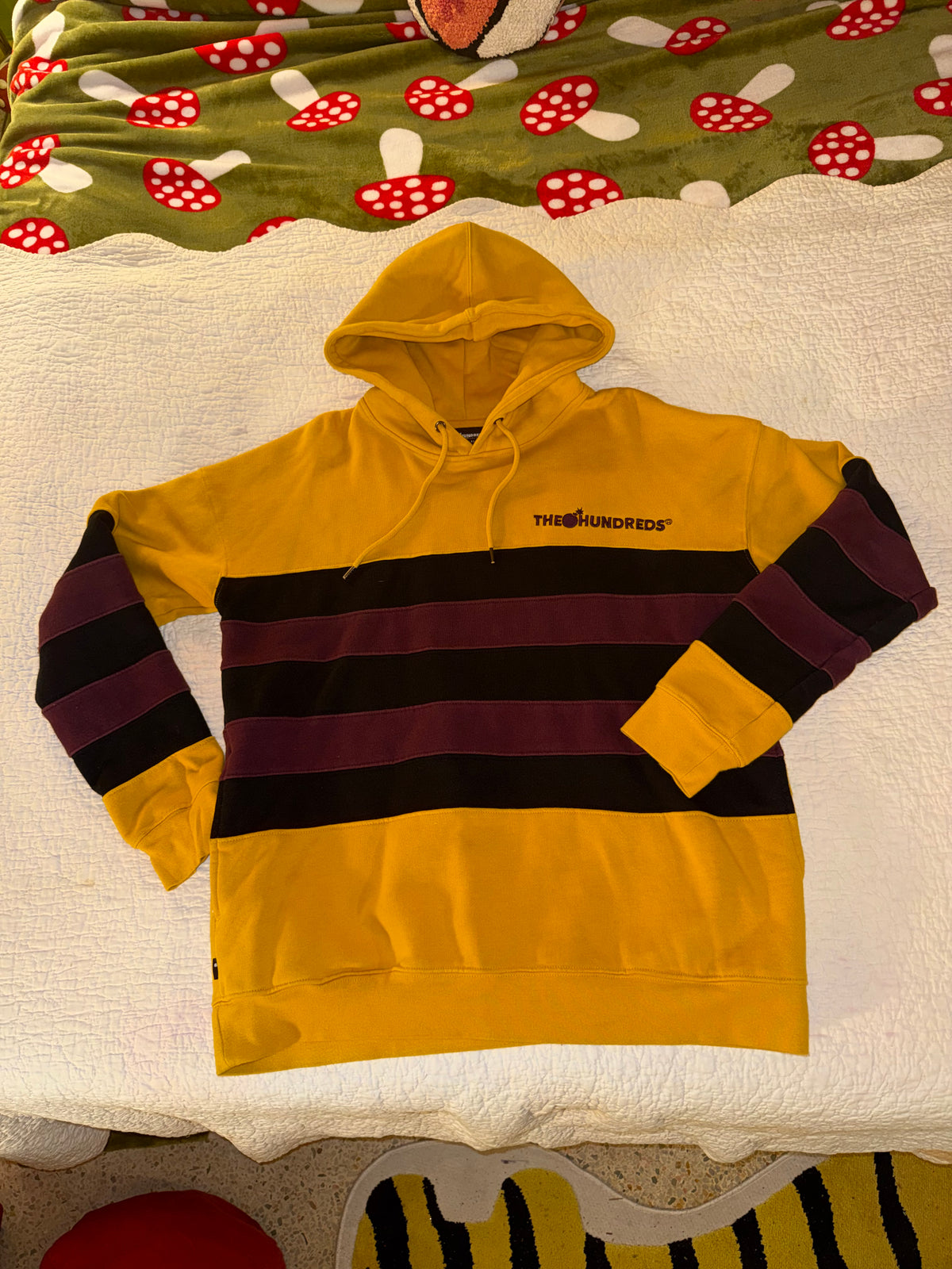 The Hundreds - Yellow Striped Embroidered Sweatshirt Hoodie with Burgundy and Brown Stripes