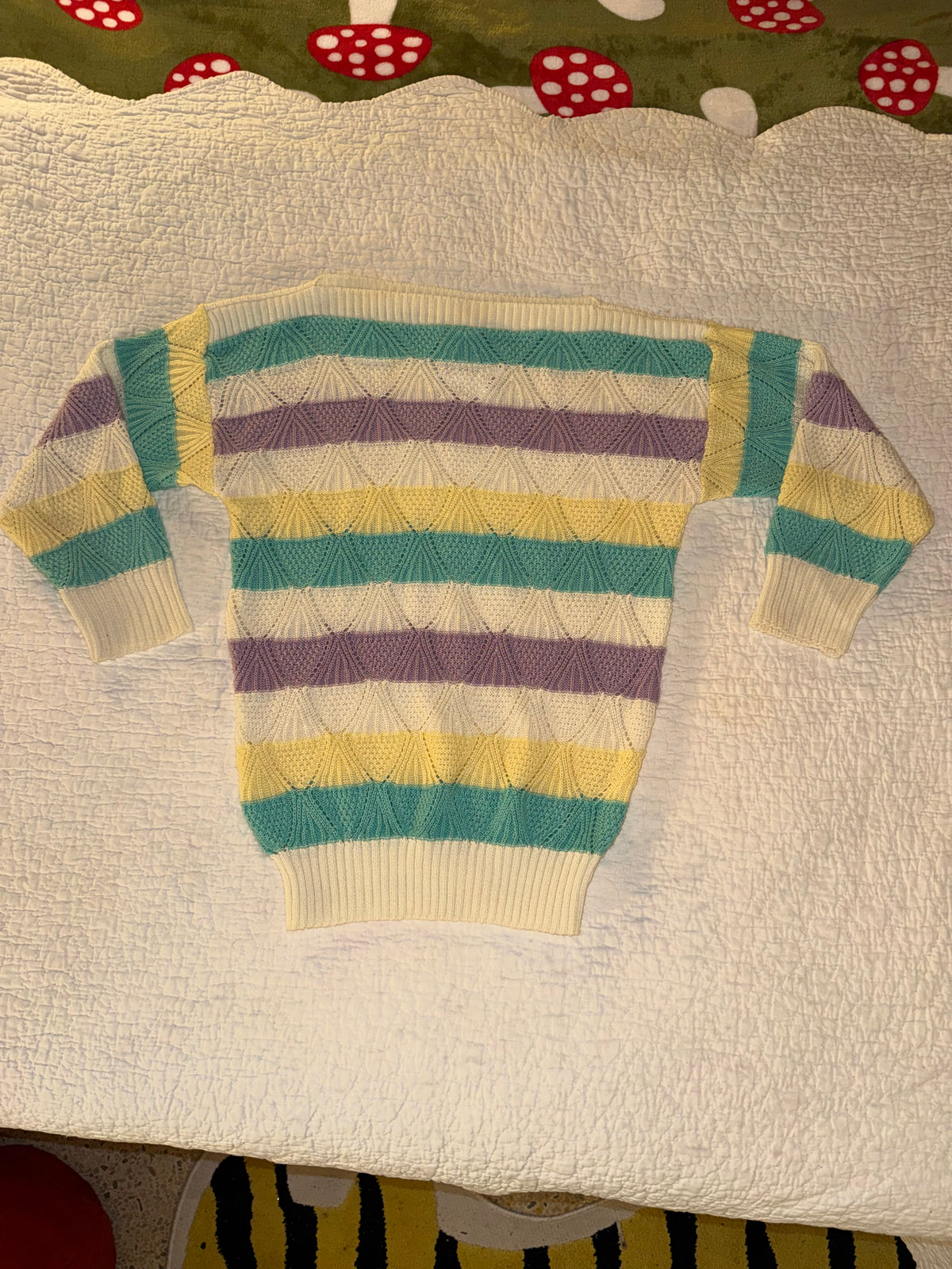 Vintage Grandma Sweater with Purple Teal and Yellow Stripes