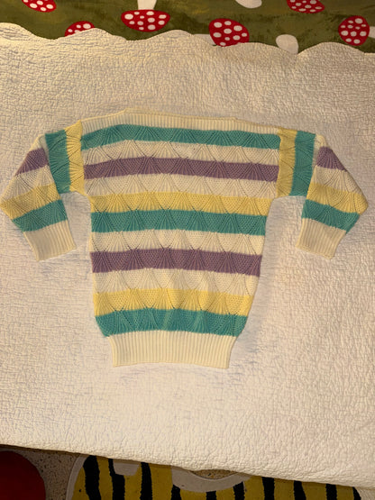 Vintage Grandma Sweater with Purple Teal and Yellow Stripes