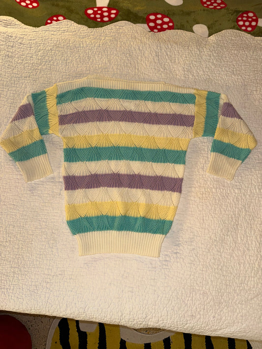 Vintage Grandma Sweater with Purple Teal and Yellow Stripes